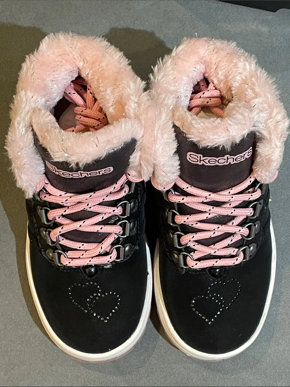 NEW Skechers Girls 11 Black Pink Suede Lace Up Boots Faux Fur Lined